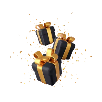 three black and gold gift boxes with golden ribbons