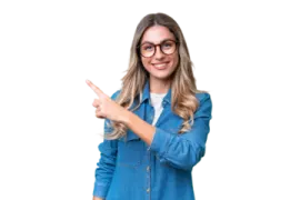 a woman wearing glasses and pointing at the camera