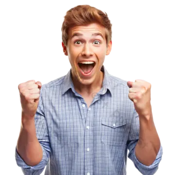 a young man in a blue shirt with his fists up