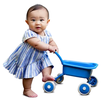 a baby in a blue and white striped dress pushing a toy