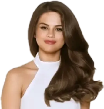 a woman with long brown hair wearing a white top