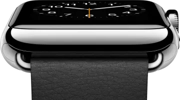 an apple watch with a black leather band