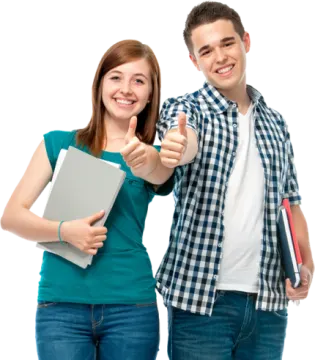 a man and a woman are pointing at the camera
