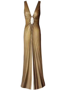 a woman wearing a gold dress