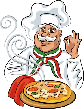 a chef with a pizza in his hand