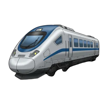 a blue and white train on a white background