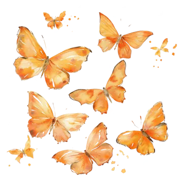 a group of orange butterflies on a white background
