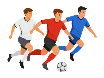 three soccer players running with the ball