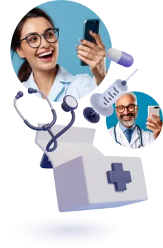 a woman with glasses and a stel holding a phone