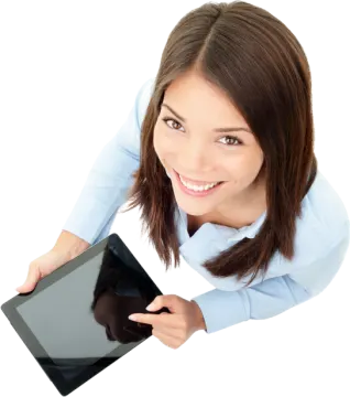 a woman holding up a tablet computer