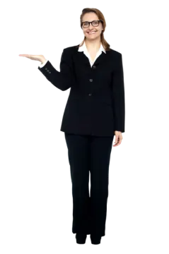 a woman in a black suit and glasses