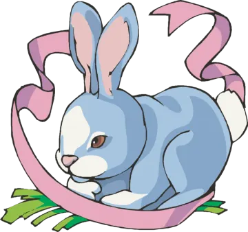 a blue rabbit with pink ribbon around its neck