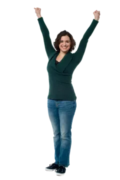 a woman with her arms up in the air