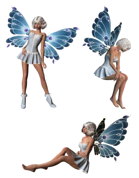a set of four images of a woman with blue wings