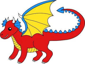 a red and yellow dragon with blue wings