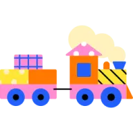 a toy train with a house on the side