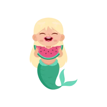 a little mermaid holding a watermel and smiling