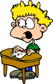 a boy sitting at a desk with his head in his hands