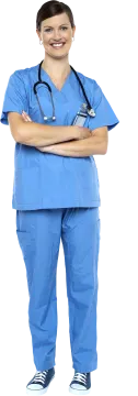 a smiling female nurse in scrubs