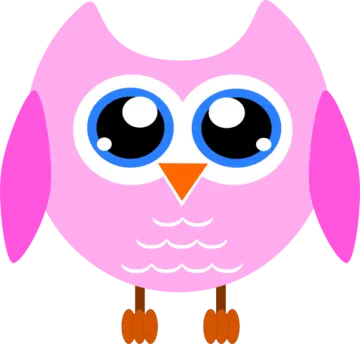 a pink owl with blue eyes and brown feet
