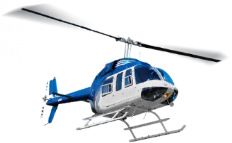 a blue and white helicopter flying through the air