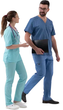 a man and woman in scrubs walking together