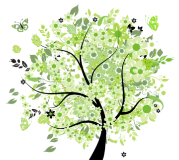 a green tree with leaves and flowers