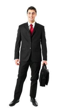 a man in a suit and tie holding a briefcase