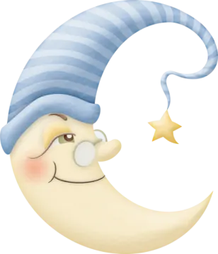 a cartoon moon with a blue and white striped hat