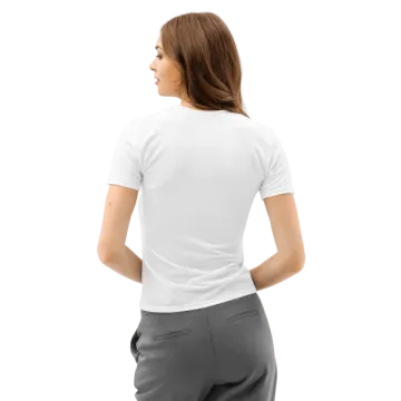 a woman wearing a white t - shirt and grey pants