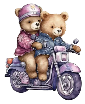 a couple of teddy bears riding on a motorcycle
