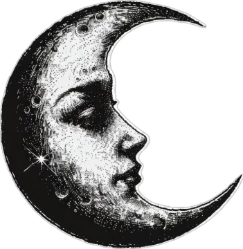 a black and white drawing of a crescent moon
