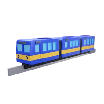 a blue and yellow train on a white background