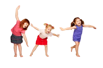three little girls are jumping in the air