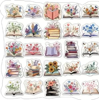 a bunch of books stickers on a white background