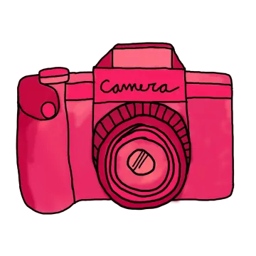 a pink camera with the word camera on it
