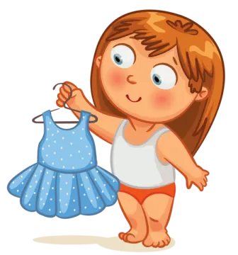 a little girl holding a blue dress