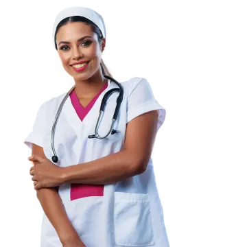 a woman in a white lab coat with a stel