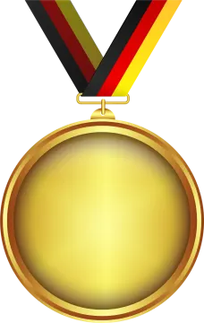a gold medal with a black and red ribbon