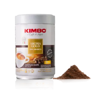 a canister with coffee beans and cocoa powder