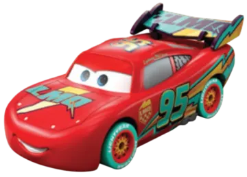 a red toy car with a cartoon character on it