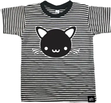 a black and white striped shirt with a cat face on it
