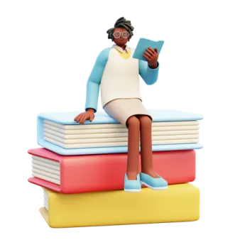 a woman sitting on top of a stack of books