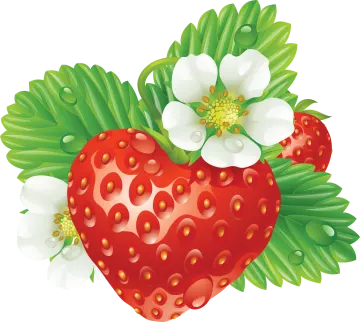 a strawberry with white flowers and leaves