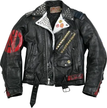 a black leather jacket with red and white patches