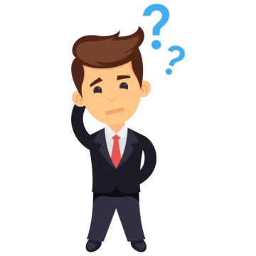 a man in a suit with question marks on his head
