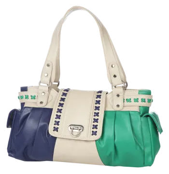 a white and blue handbag with green accents