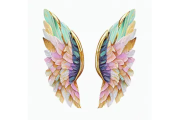a pair of earrings with colorful wings
