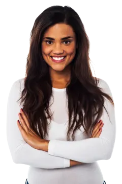 a smiling woman with her arms crossed