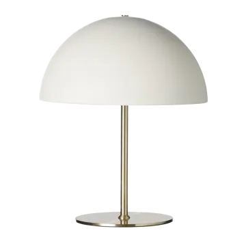a brass table lamp with a white shade